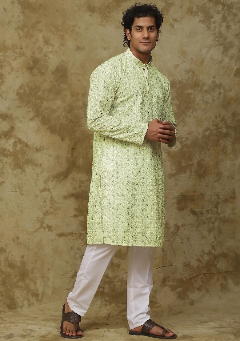 Lemon Yellow Embroidered Cotton Kurta Set For Men