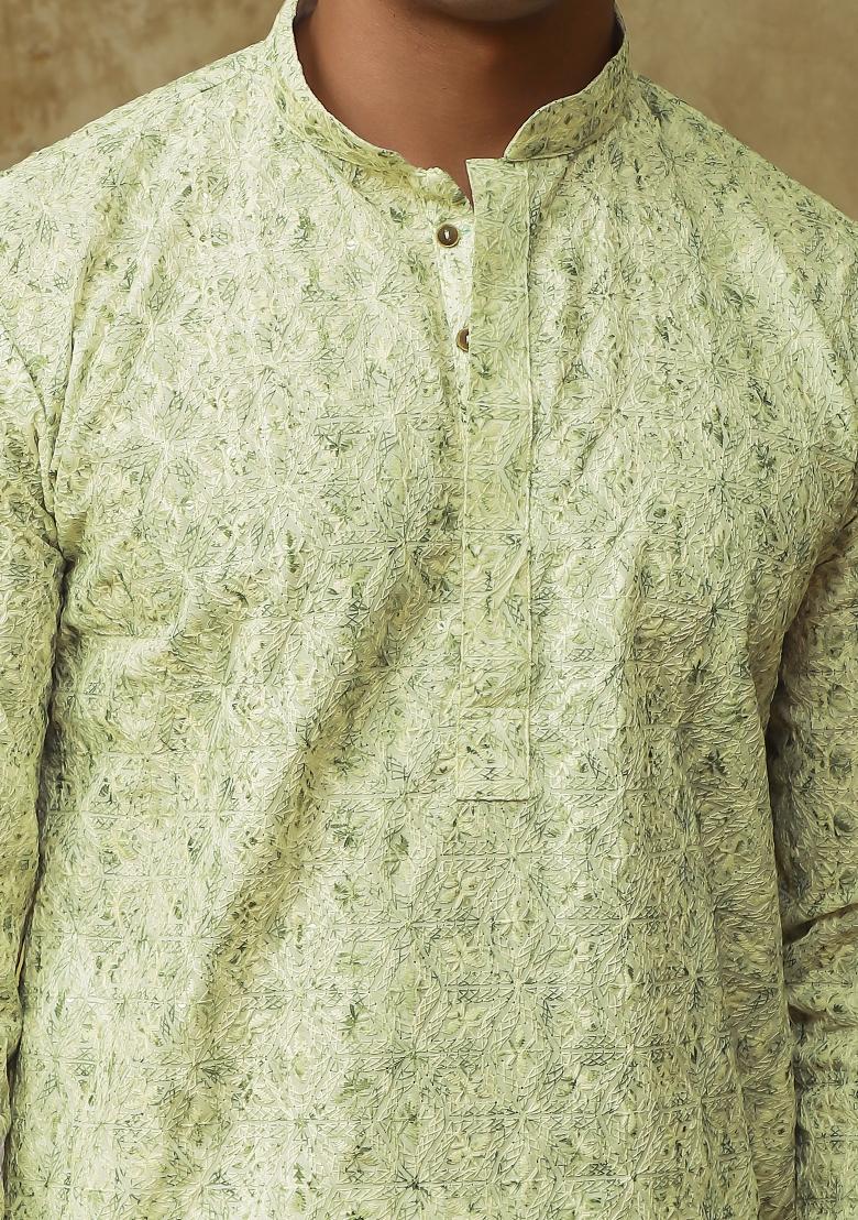 Lemon Yellow Embroidered Cotton Kurta Set For Men