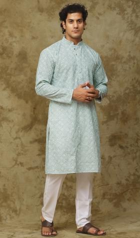 Light Green Embroidered Cotton Kurta Set For Men