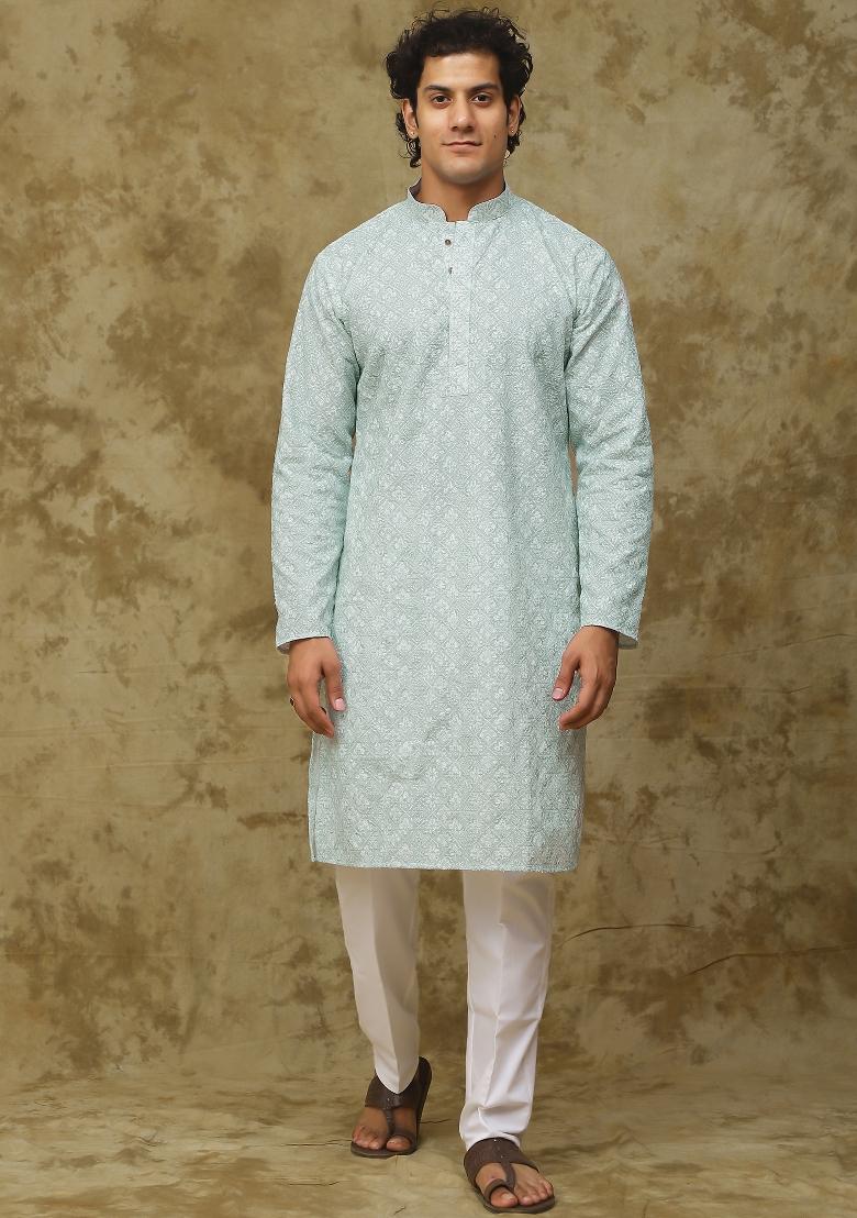 Light Green Embroidered Cotton Kurta Set For Men