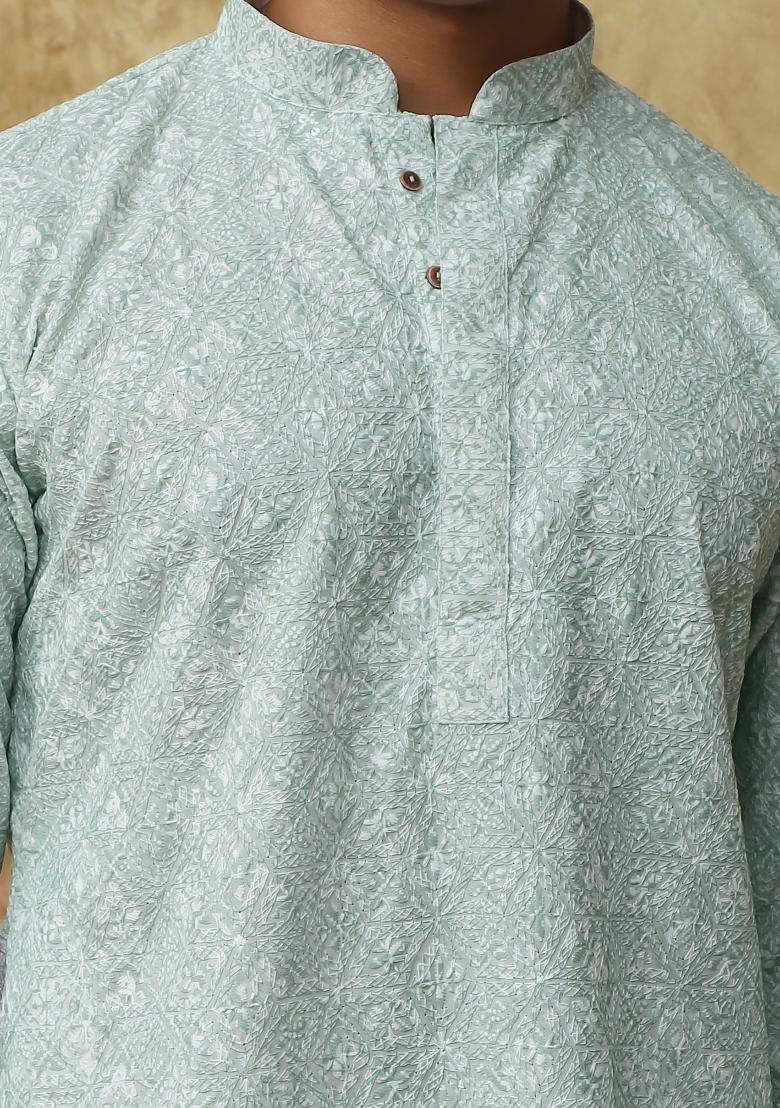 Light Green Embroidered Cotton Kurta Set For Men
