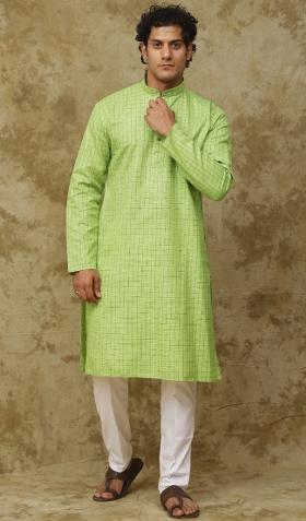 Light Green Checked Cotton Kurta Set For Men