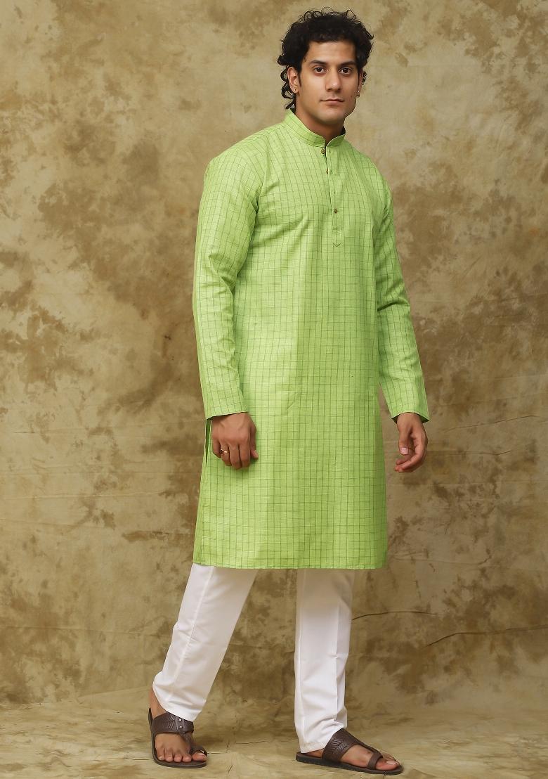 Light Green Checked Cotton Kurta Set For Men