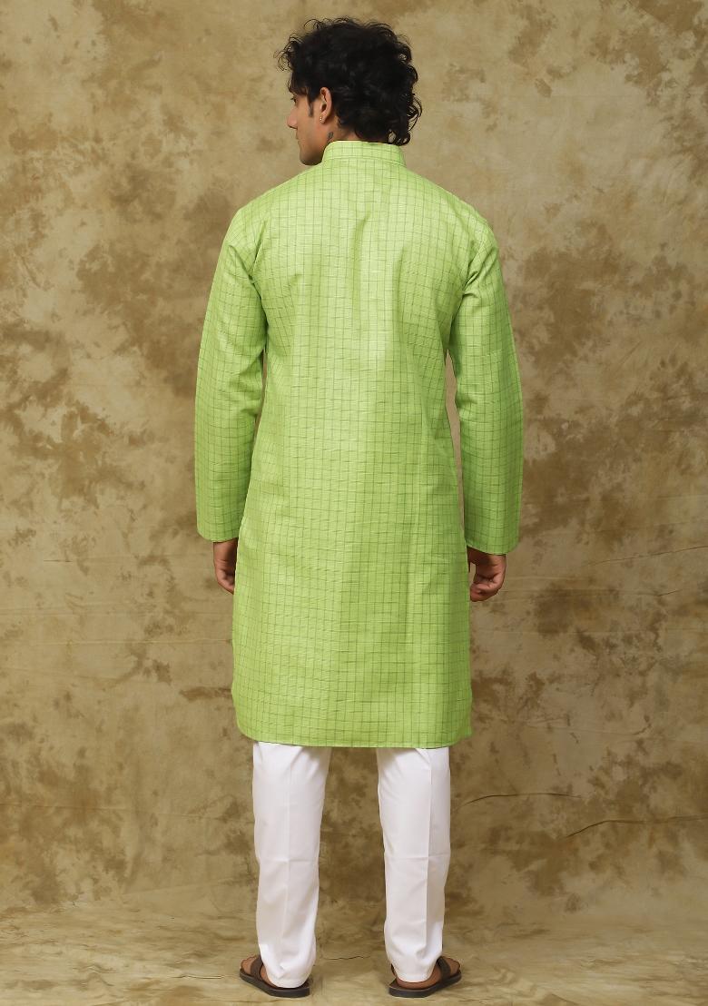 Light Green Checked Cotton Kurta Set For Men