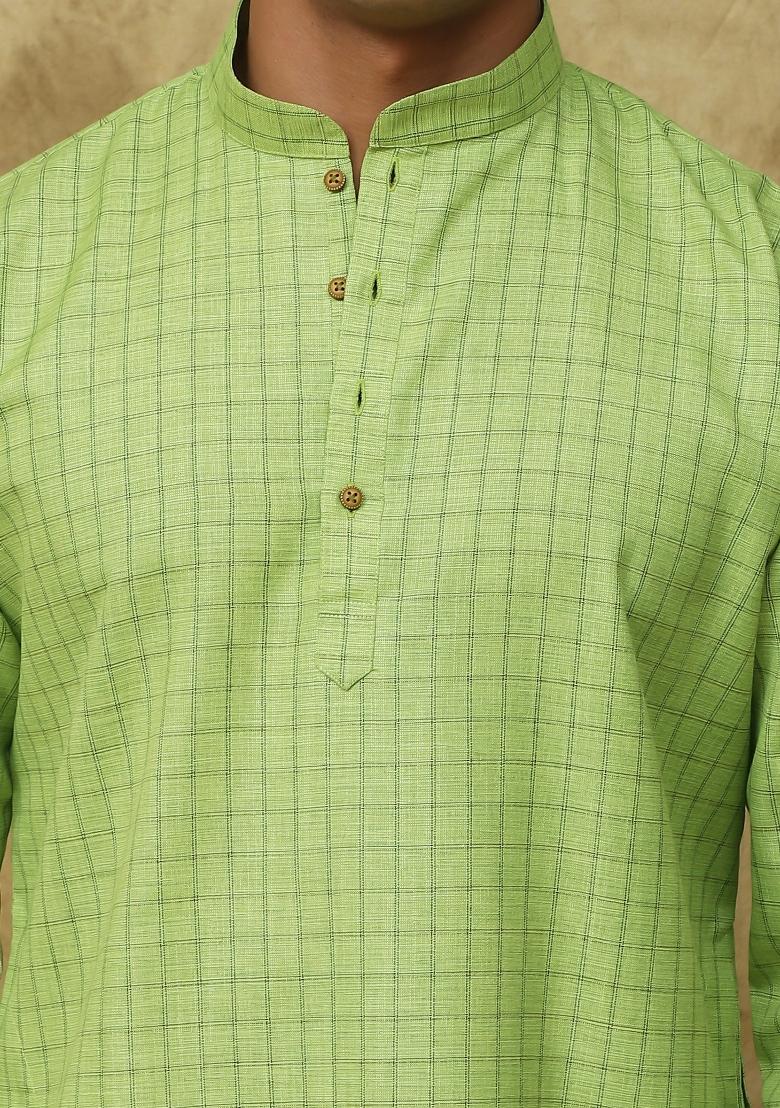 Light Green Checked Cotton Kurta Set For Men