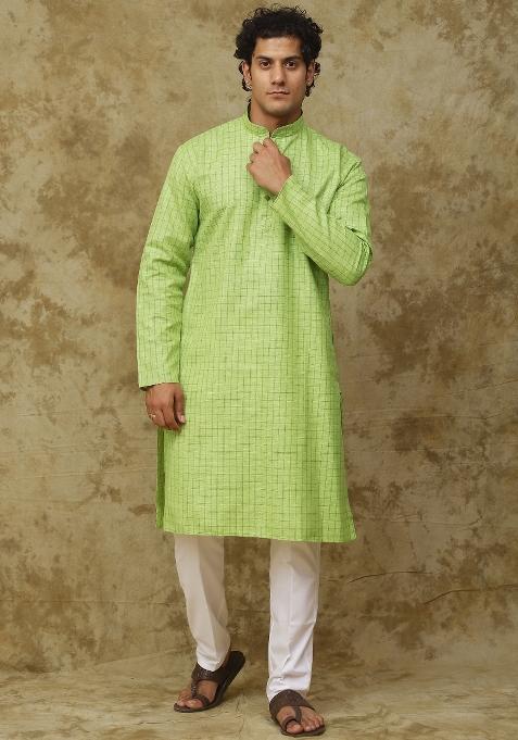 Light Green Checked Cotton Kurta Set For Men