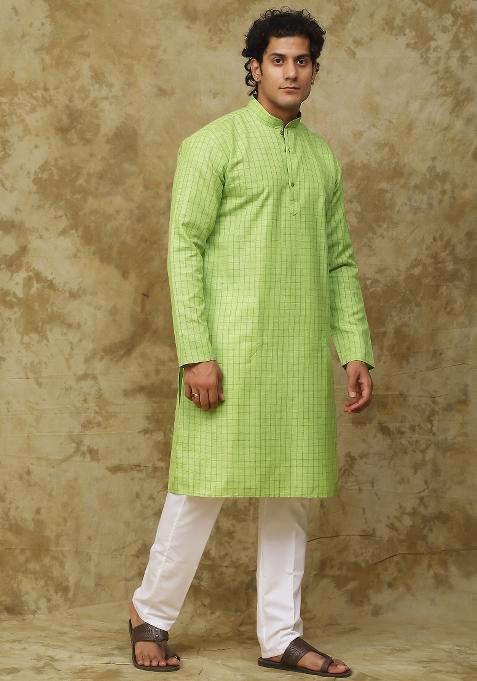 Light Green Checked Cotton Kurta Set For Men