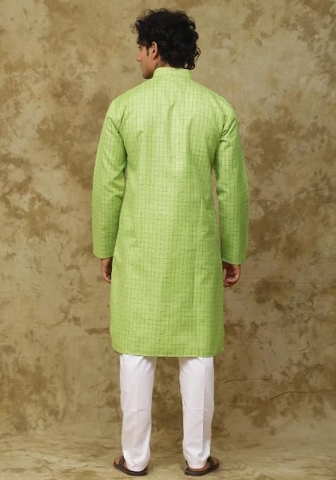 Light Green Checked Cotton Kurta Set For Men