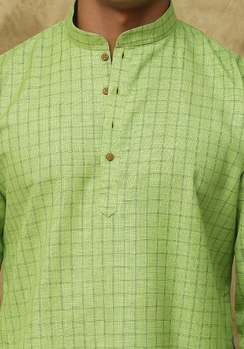 Light Green Checked Cotton Kurta Set For Men