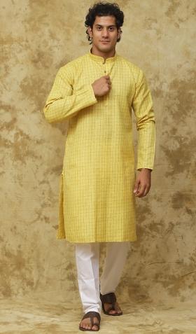 Yellow Checked Cotton Kurta Set For Men