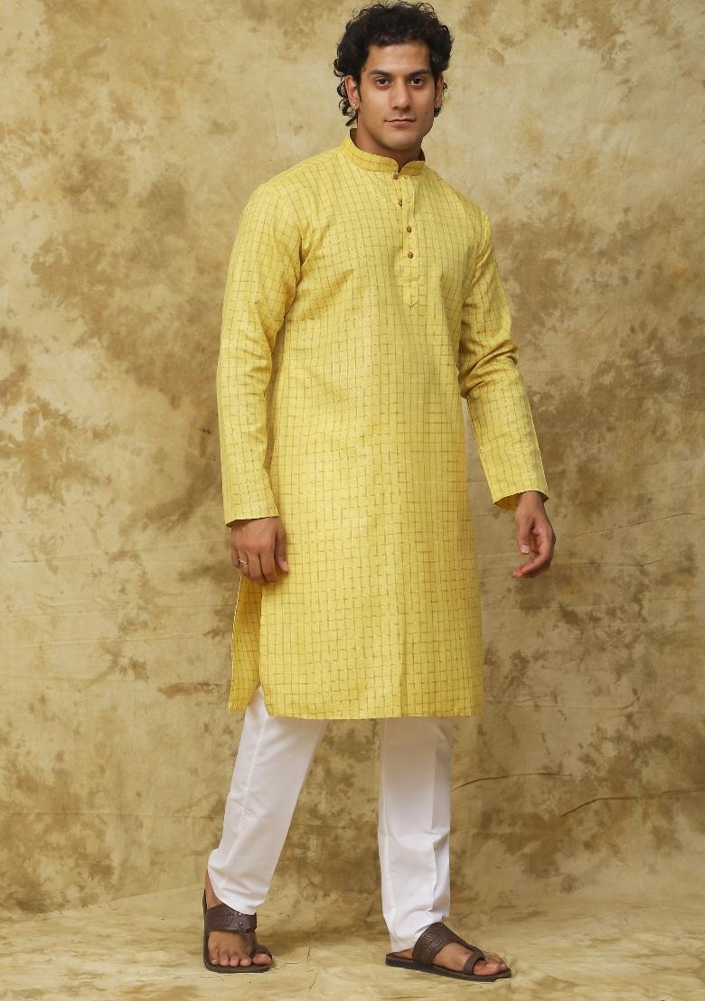 Yellow Checked Cotton Kurta Set For Men