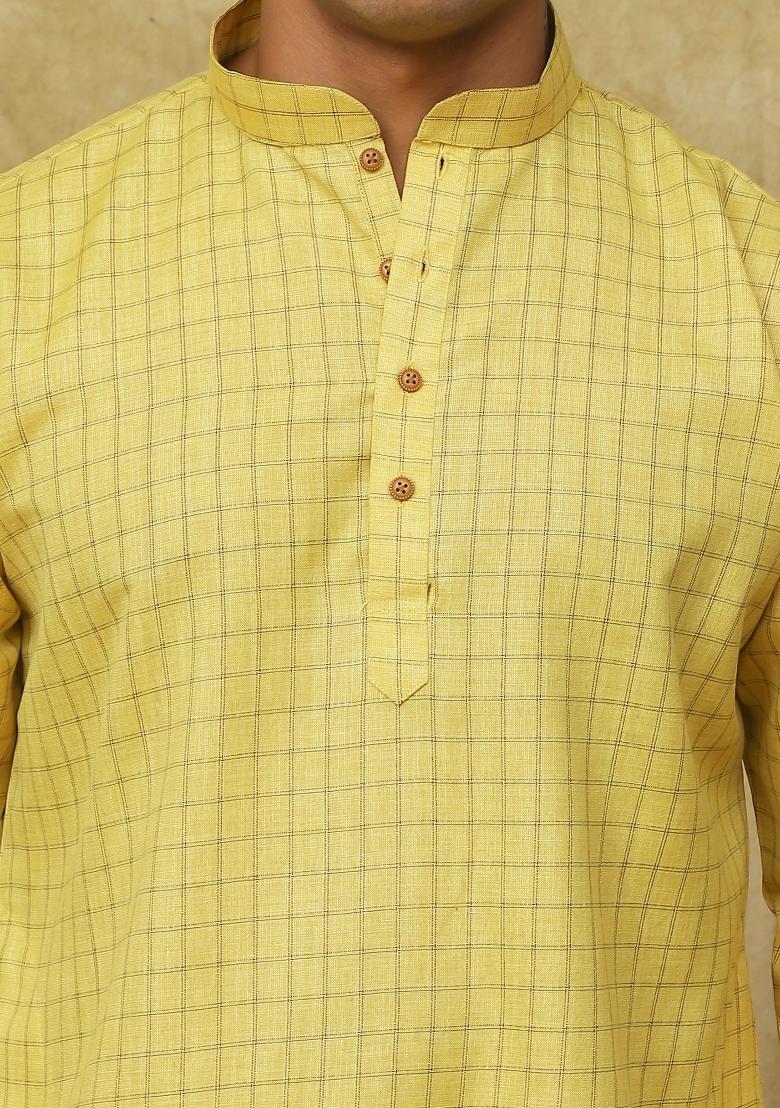 Yellow Checked Cotton Kurta Set For Men