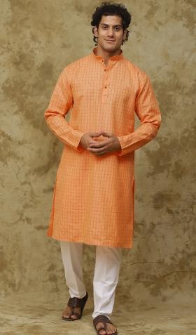 Orange Checked Cotton Kurta Set For Men