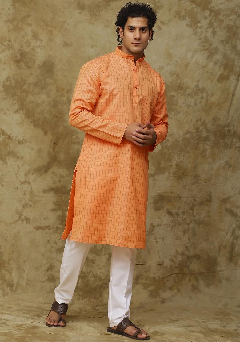 Orange Checked Cotton Kurta Set For Men