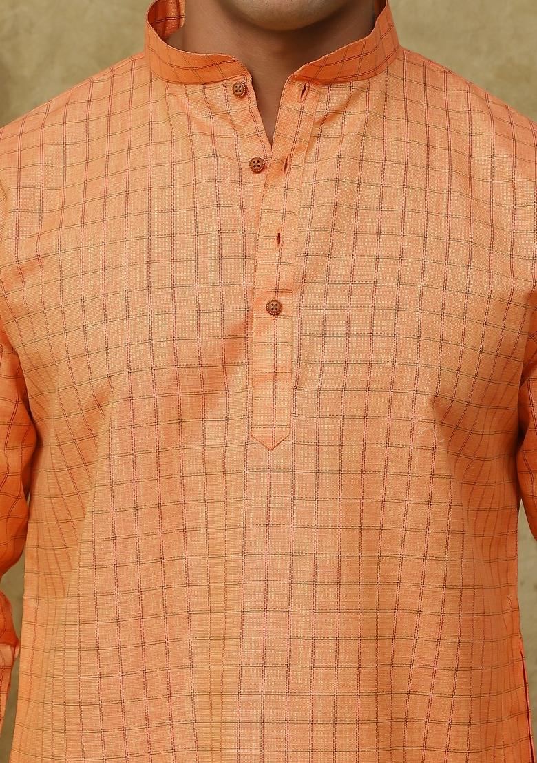 Orange Checked Cotton Kurta Set For Men