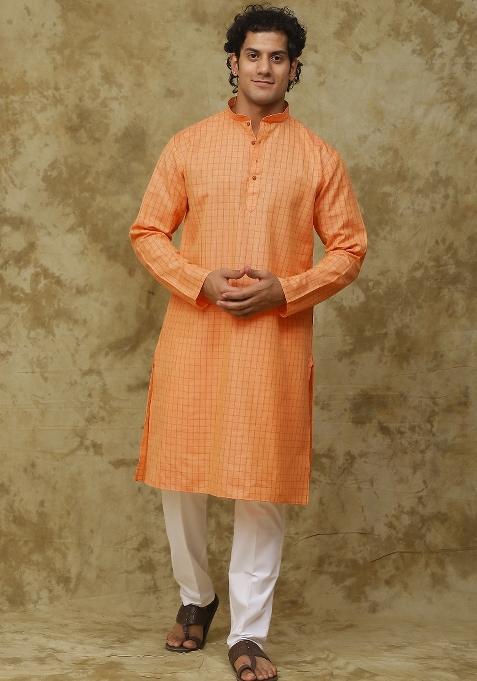 Orange Checked Cotton Kurta Set For Men — view on Indya