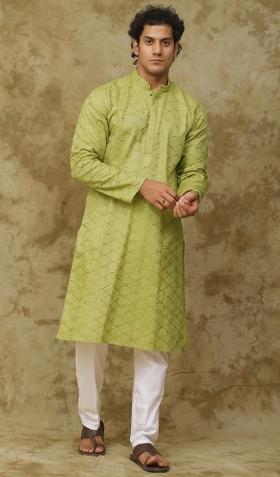 Mehendi Green Embroidered Cotton Kurta Set For Men