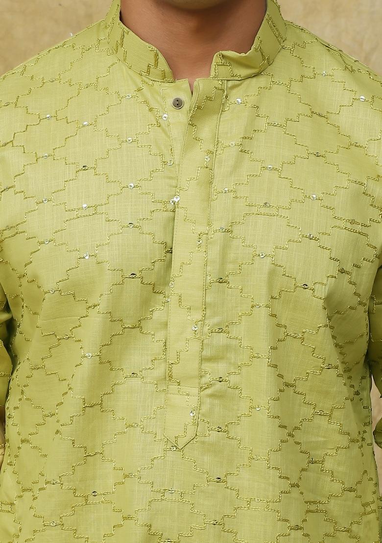 Mehendi Green Embroidered Cotton Kurta Set For Men