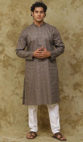 Mud Brown Embroidered Cotton Kurta Set For Men