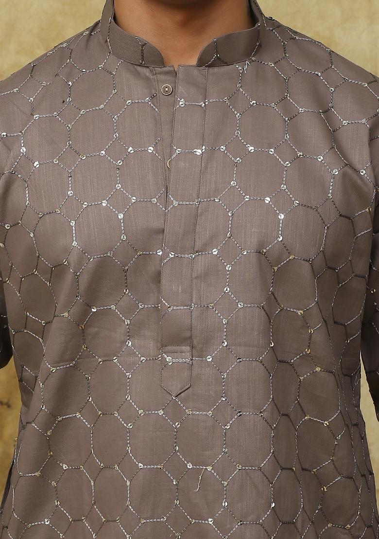 Mud Brown Embroidered Cotton Kurta Set For Men