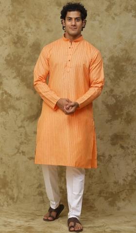 Orange  Vertical Stripes Cotton Kurta Set For Men