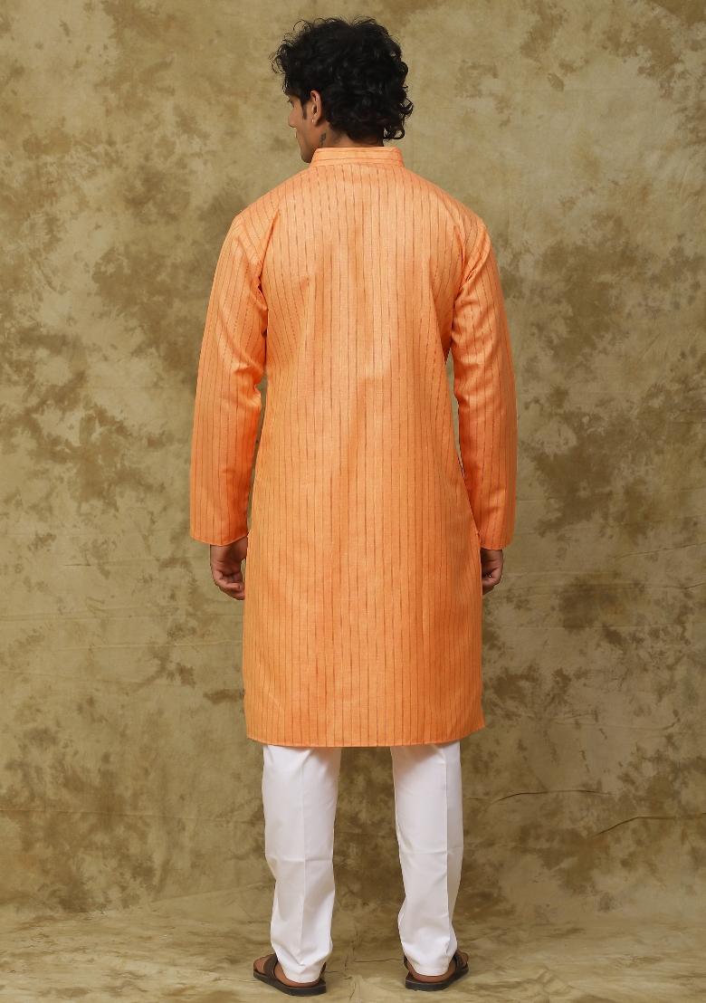 Orange  Vertical Stripes Cotton Kurta Set For Men