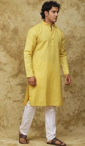 Yellow  Vertical Stripes Cotton Kurta Set For Men