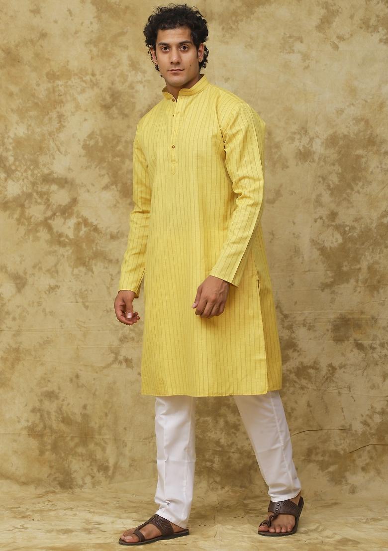 Yellow  Vertical Stripes Cotton Kurta Set For Men
