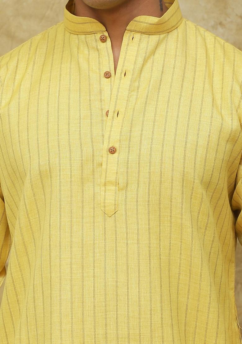 Yellow  Vertical Stripes Cotton Kurta Set For Men