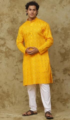 Mustard Yellow Embroidered Cotton Kurta Set For Men