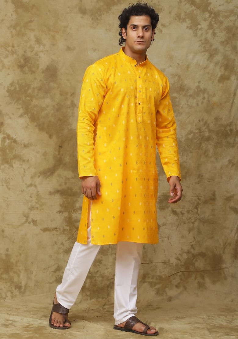Mustard Yellow Embroidered Cotton Kurta Set For Men