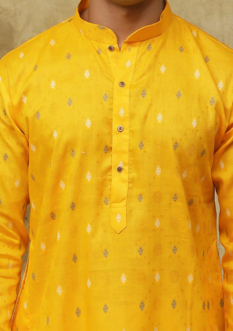Mustard Yellow Embroidered Cotton Kurta Set For Men