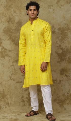 Yellow Geometric Motifs Cotton Kurta Set For Men