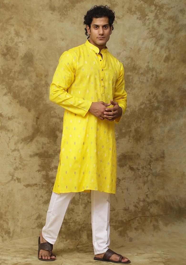 Yellow Geometric Motifs Cotton Kurta Set For Men