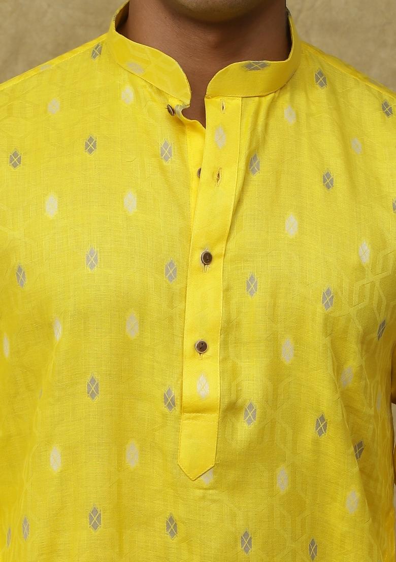 Yellow Geometric Motifs Cotton Kurta Set For Men