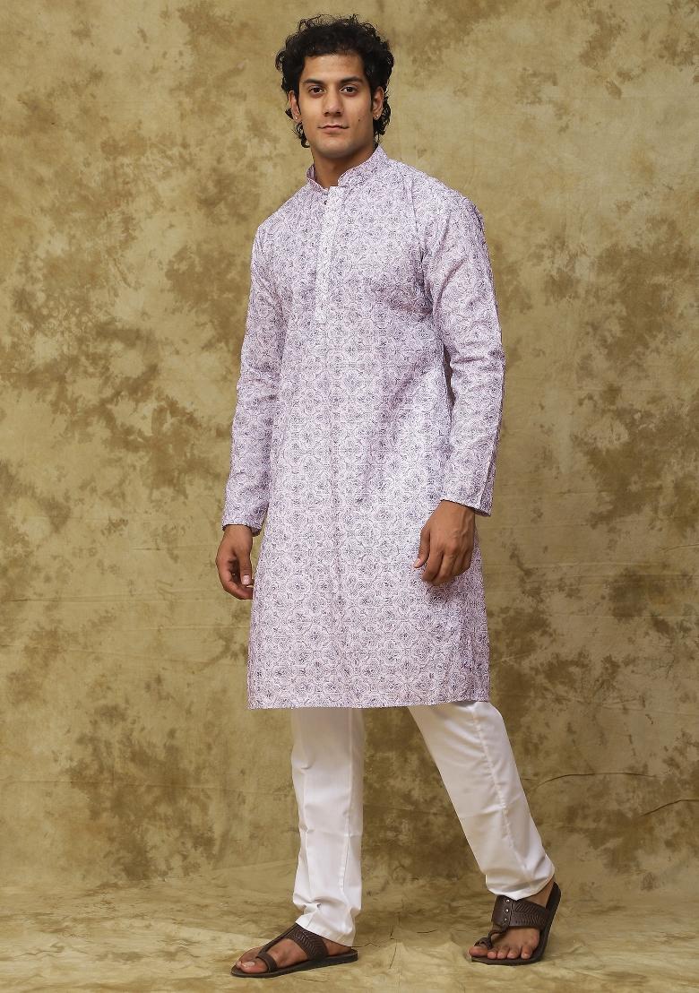 Lavender Embroidered Cotton Kurta Set For Men