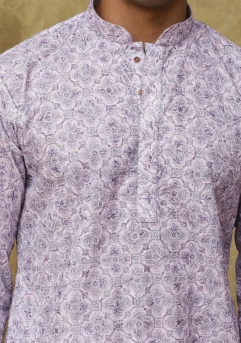 Lavender Embroidered Cotton Kurta Set For Men