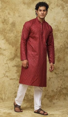 Rust Brown Embroidered Cotton Kurta Set For Men
