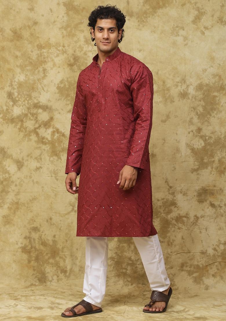 Rust Brown Embroidered Cotton Kurta Set For Men