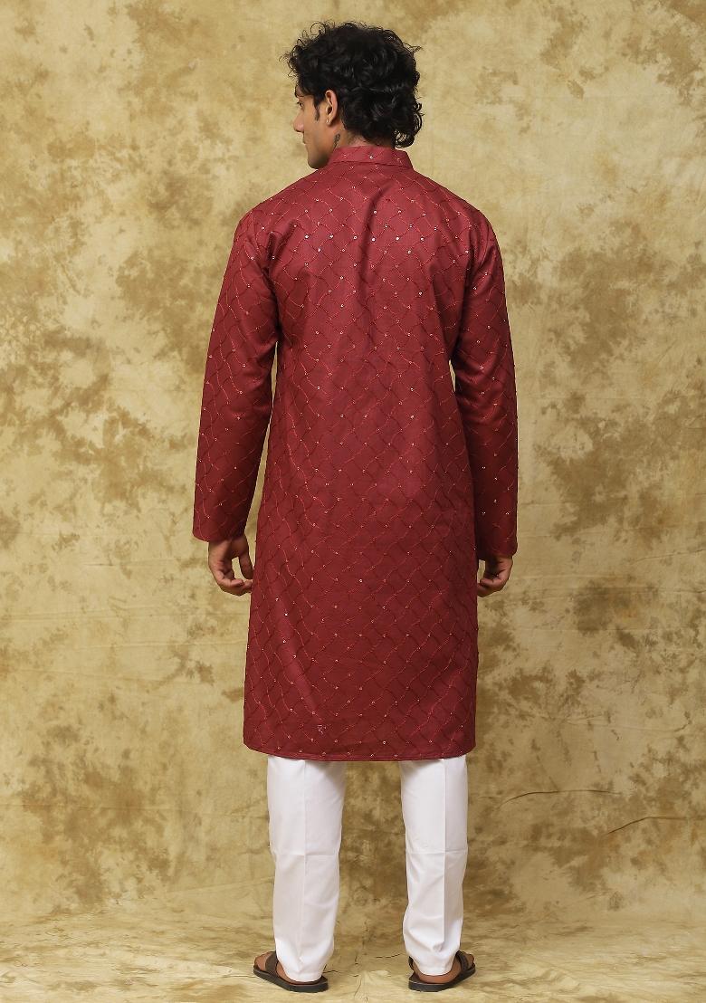 Rust Brown Embroidered Cotton Kurta Set For Men