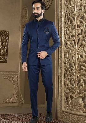 Navy Blue Embroidered Poly Blend Bandhgala Set  For Men