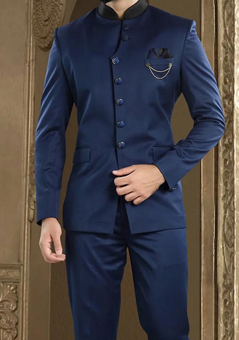Navy Blue Embroidered Poly Blend Bandhgala Set  For Men