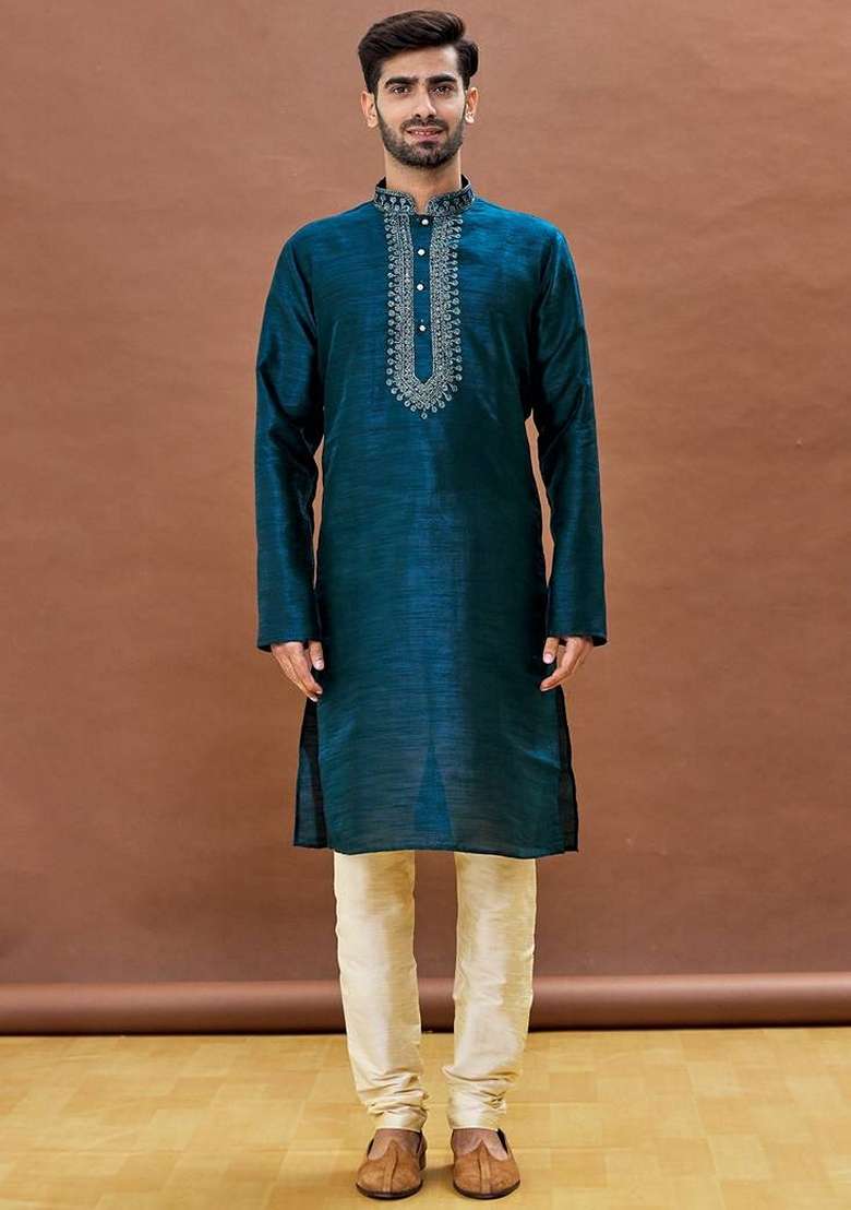 Rama Green Embroidered Art Silk Blend Kurta Set For Men - Indya