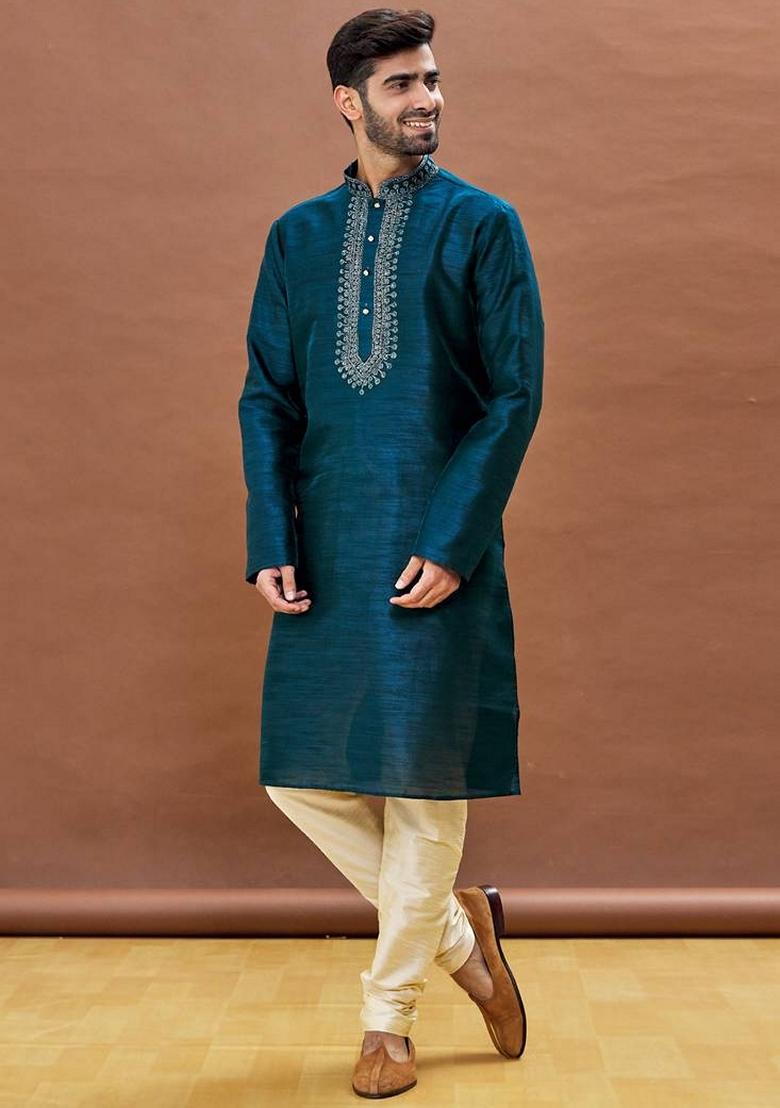 Rama Green Embroidered Art Silk Kurta Set For Men
