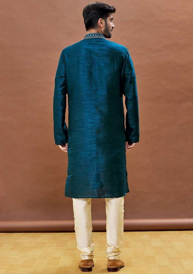 Rama Green Embroidered Art Silk Blend Kurta Set For Men - Indya