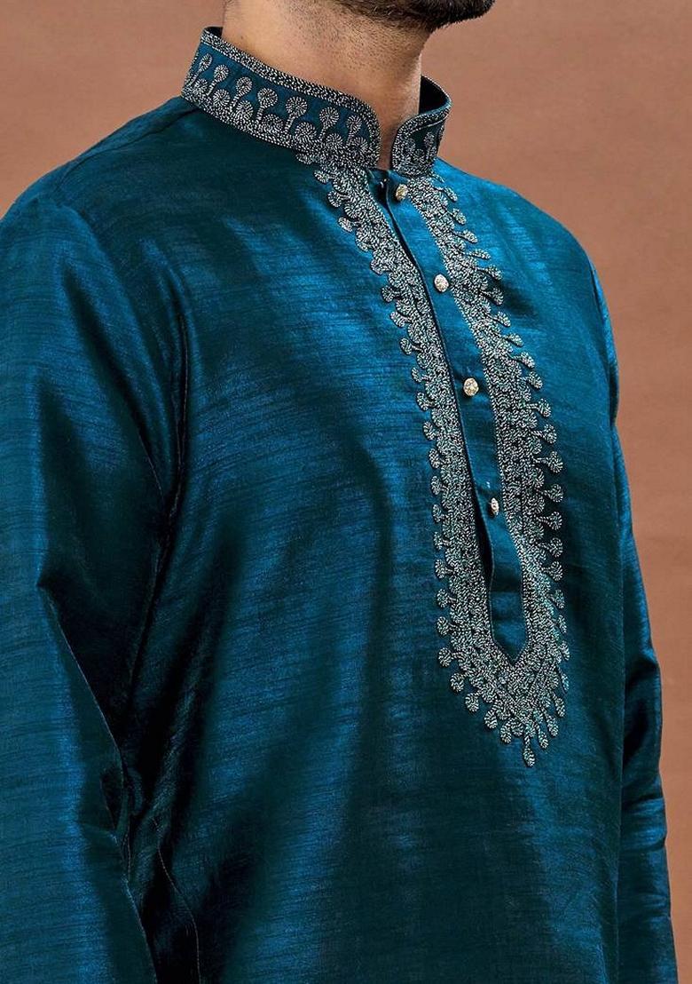 Rama Green Embroidered Art Silk Kurta Set For Men