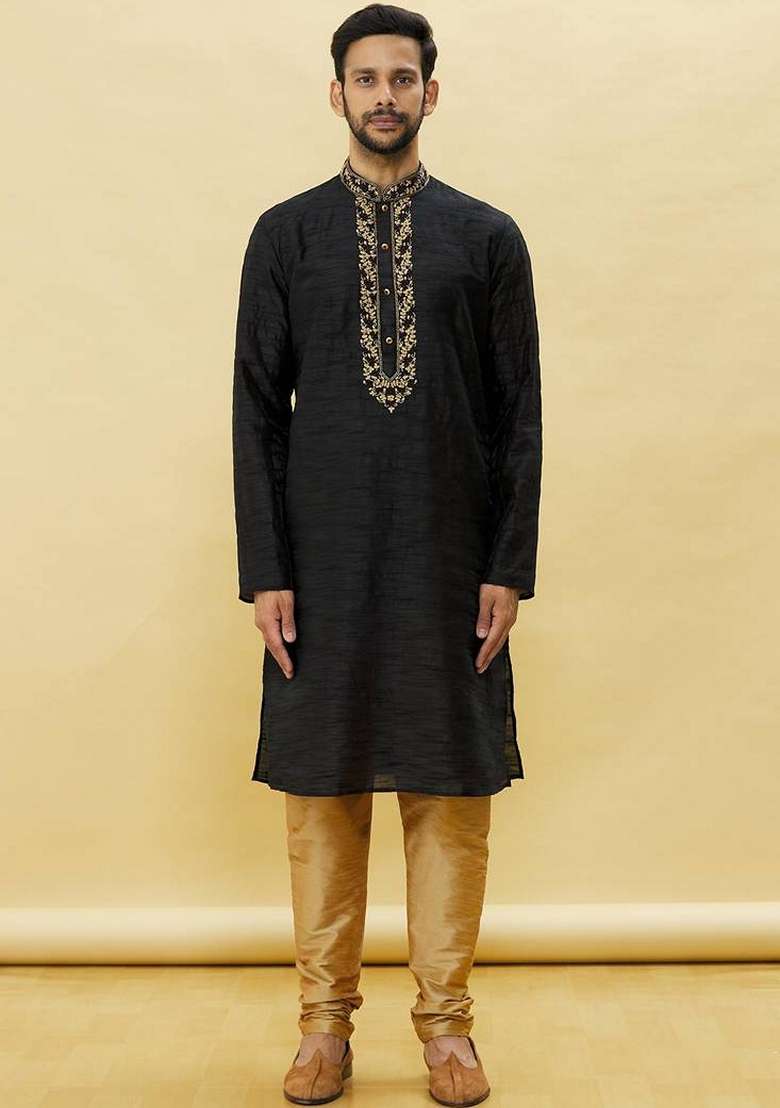 Black Embroidered Art Silk Blend Kurta Set For Men - Indya
