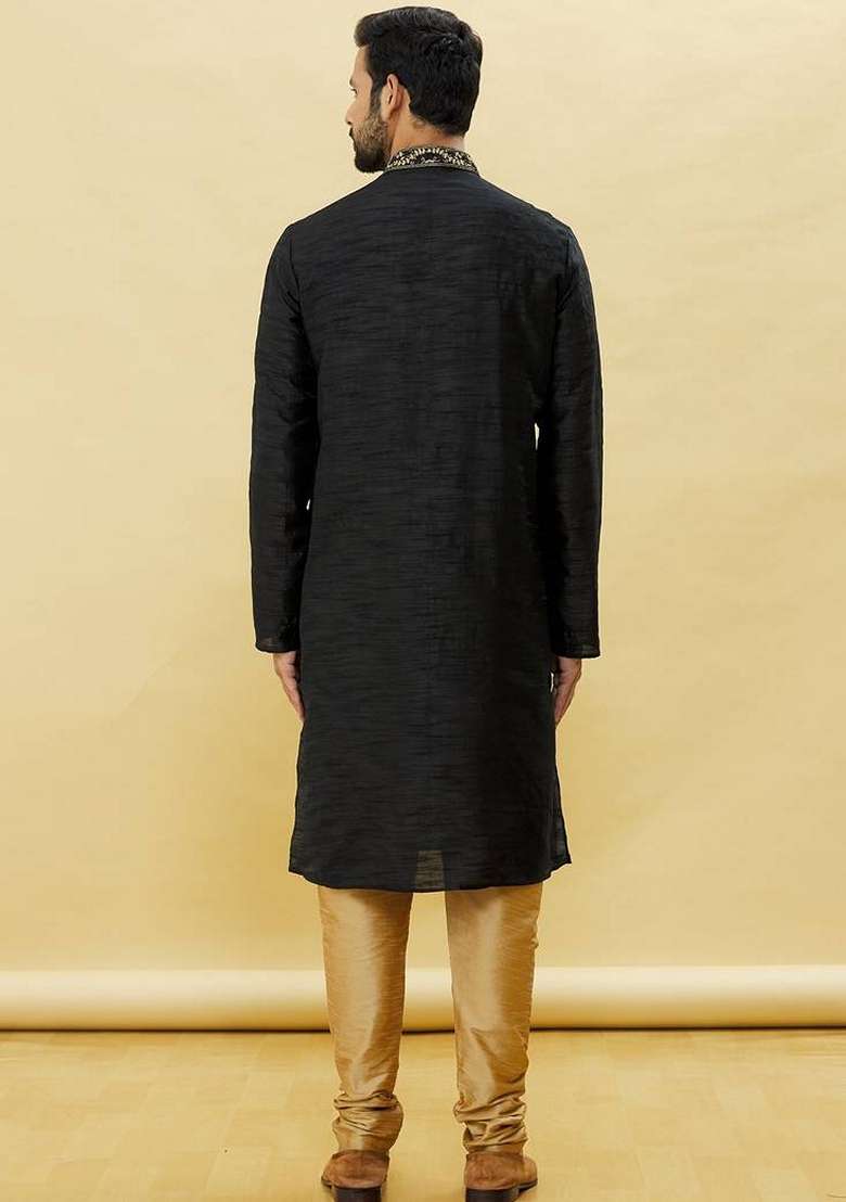 Black Embroidered Art Silk Blend Kurta Set For Men - Indya