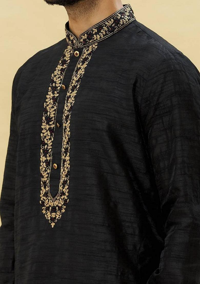 Black Embroidered Art Silk Kurta Set For Men