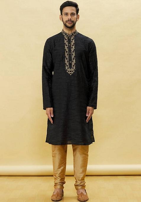 Black Embroidered Art Silk Kurta Set For Men